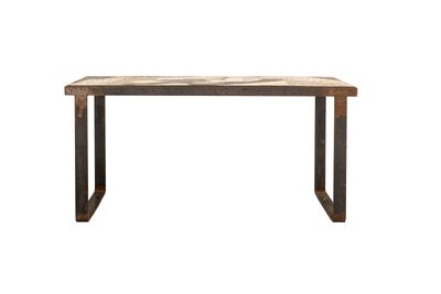 a wooden table with metal legs and a marble top