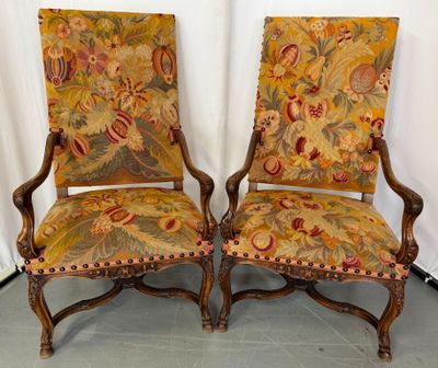 pair of 19th century french carved walnut armchairs with tapestry upholstered