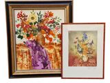 two framed paintings of flowers in a vase and a vase of flowers on a table