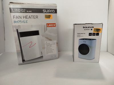 un carton contenant un radiateur soufflant à côté d'un carton contenant un radiateur soufflant