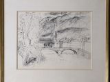 pencil drawing of a bridge over a river in a wooded area