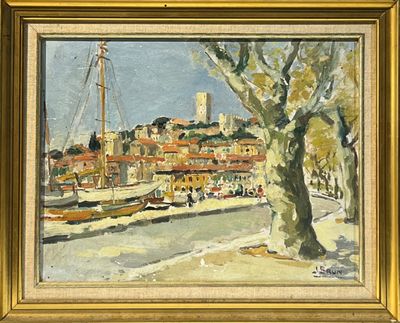 une image d'une peinture de bateaux dans un port avec des bâtiments en arrière-plan
