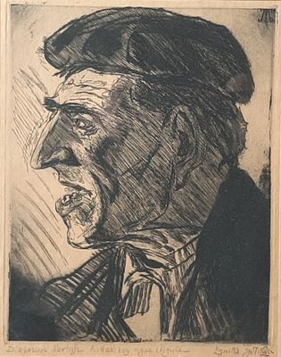 dessin représentant un homme portant un chapeau et une cravate, une cigarette à la bouche