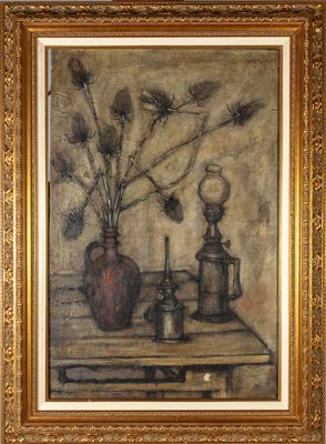 tableau représentant une nature morte avec un vase et des fleurs posés sur une table