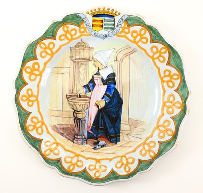 a plate with a picture of a man and a woman on it