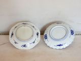 two blue and white plates sitting on a counter