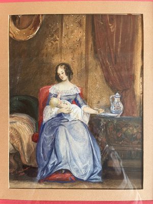 une peinture représentant une femme tenant un bébé sur ses genoux