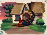 tableau représentant une femme assise sur un serpent géant devant une maison