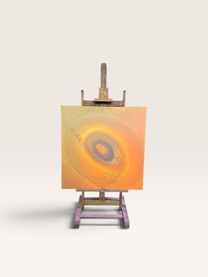 un chevalet d'artiste avec un tableau posé sur un support, sur fond blanc