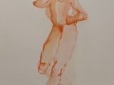 painting of a woman with red hair walking in the street