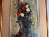 a painting of flowers in a vase on a table