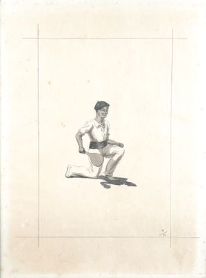 drawing of a man squatting on a baseball field with a bat in his hand