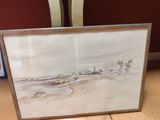 aquarelle encadrée représentant une scène de plage avec une maison au loin