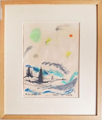dessin encadré représentant un paysage avec un phare au milieu de l'océan