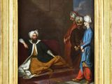 un tableau représentant un homme assis sur un lit à côté d'une femme