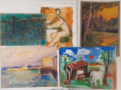 many paintings on the wall of this room