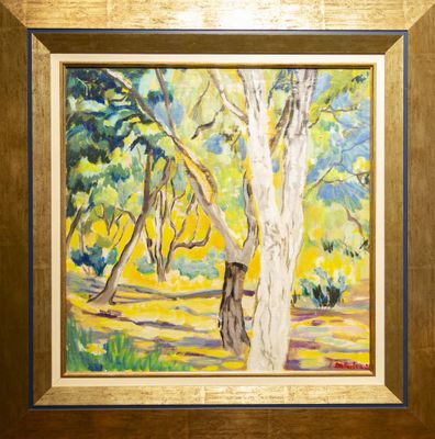 une peinture à l'huile représentant un arbre dans une forêt, avec des feuilles jaunes et vertes