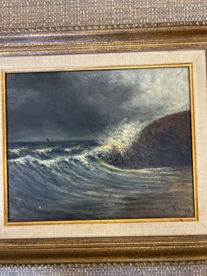 une peinture à l'huile représentant une vague qui déferle sur une plage