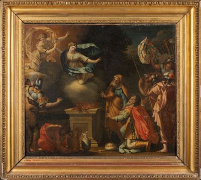 an oil painting on canvas of a scene with angels and other figures