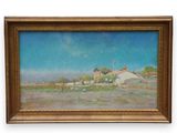 a painting of a farm scene with a blue sky in the background