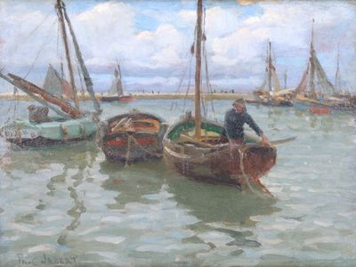 un tableau représentant un homme assis sur un bateau à l'eau