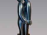 statue of a man and a woman holding hands on a wooden base