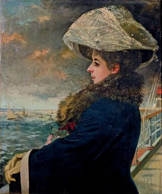 tableau représentant une femme sur un bateau, le regard tourné vers l'océan