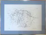 dessin représentant un château sur une colline, encadré d'un cadre bleu