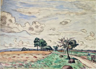 peinture représentant un paysage avec des arbres et une route au premier plan