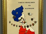 gold framed picture of a map of france with flags and coat of arms