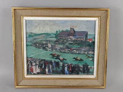 tableau encadré représentant une scène de course hippique avec des chevaux et des jockeys