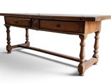 a wooden table with two drawers on top of it