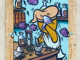 painting of a man in a lab coat pouring liquid into a beaker