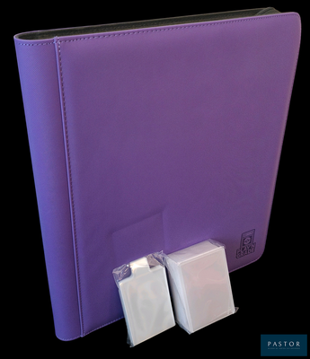 un classeur violet avec deux serviettes blanches à côté