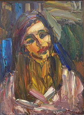 une peinture à l'huile représentant une femme assise sur une chaise, un livre à la main