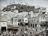 a painting of a town with a mountain in the background