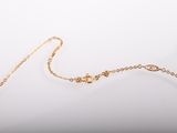 a close up of a gold necklace with a chain on a white background