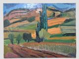 an oil painting of a landscape with trees and a dirt road