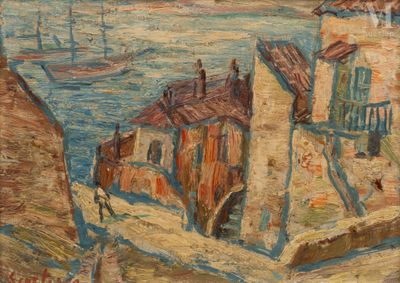 un tableau représentant une ville au bord de l'eau, avec des bateaux sur l'eau