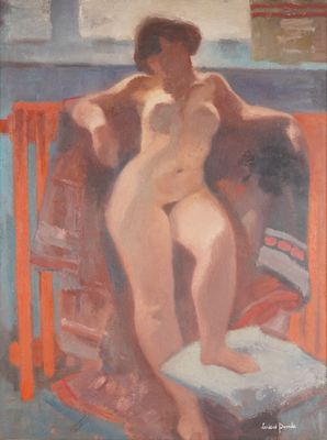 une peinture à l'huile représentant une femme nue assise sur une chaise