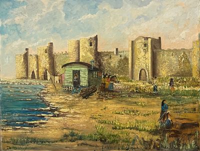 a painting of a painting of a city by the water