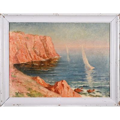 tableau représentant un voilier sur l'eau, près d'une côte rocheuse