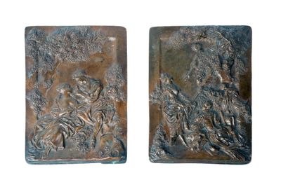 paire de serre-livres en bronze représentant un homme et une femme dans une forêt