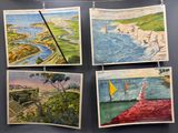 four paintings hanging on a clothes line on a wall