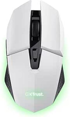 the computer mouse is white and has a green light on it