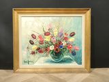painting of a vase of flowers on a table with a black background