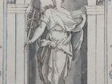 an old drawing of a woman holding a bird in her hand