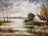 painting of a painting of a river with a house in the background
