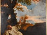 an oil painting of a man kneeling in front of a tree
