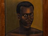 painting of a black man in a wooden frame with a brown background
